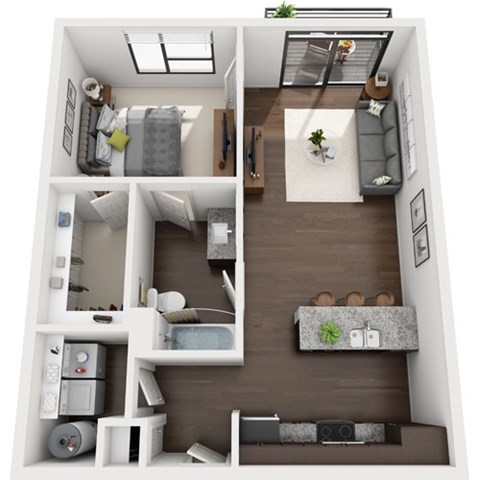 Floor plan for 1 bed, 1 bath, 740 sqft
